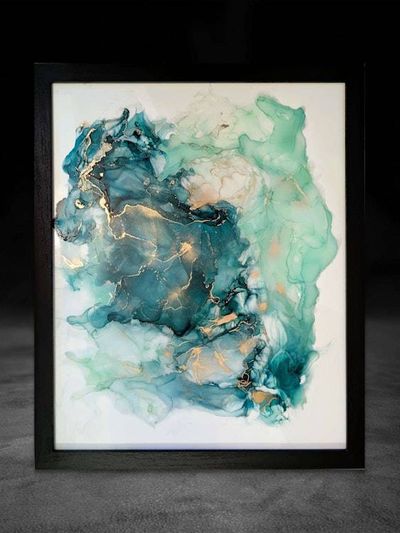 Alternate image for Malachite Flux | Signed Alcohol Ink Painting on Glass Original | Abstract Modern Luxury Ink Art | Wall Decor Green Teal Hanging 16 x 20