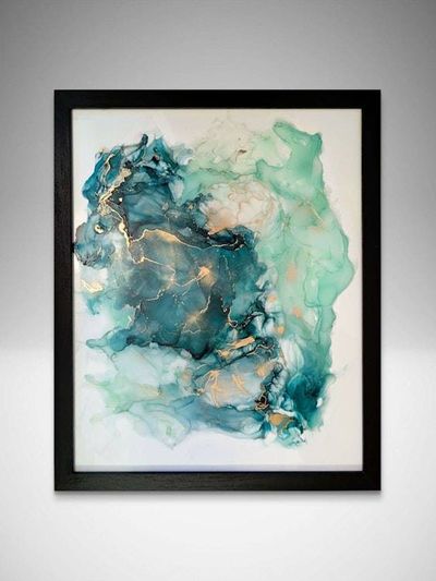 Alternate image for Malachite Flux | Signed Alcohol Ink Painting on Glass Original | Abstract Modern Luxury Ink Art | Wall Decor Green Teal Hanging 16 x 20