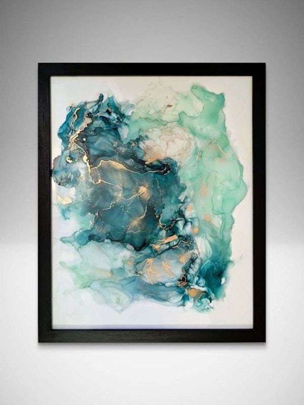 Alternate image for Malachite Flux | Signed Alcohol Ink Painting on Glass Original | Abstract Modern Luxury Ink Art | Wall Decor Green Teal Hanging 16 x 20
