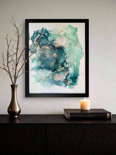 Alternate image for Malachite Flux | Signed Alcohol Ink Painting on Glass Original | Abstract Modern Luxury Ink Art | Wall Decor Green Teal Hanging 16 x 20