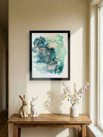 Alternate image for Malachite Flux | Signed Alcohol Ink Painting on Glass Original | Abstract Modern Luxury Ink Art | Wall Decor Green Teal Hanging 16 x 20
