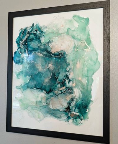 Alternate image for Malachite Flux | Signed Alcohol Ink Painting on Glass Original | Abstract Modern Luxury Ink Art | Wall Decor Green Teal Hanging 16 x 20