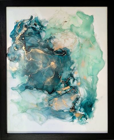 Alternate image for Malachite Flux | Signed Alcohol Ink Painting on Glass Original | Abstract Modern Luxury Ink Art | Wall Decor Green Teal Hanging 16 x 20