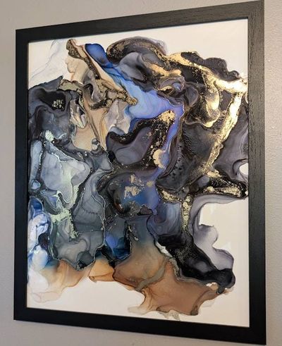 Alternate image for Signed Alcohol Ink Cosmic Drift Painting on Glass Original | Abstract Modern Ink Art | Wall Decor Brown Black Blue Gold Hanging 16 x 20