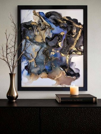 Alternate image for Signed Alcohol Ink Cosmic Drift Painting on Glass Original | Abstract Modern Ink Art | Wall Decor Brown Black Blue Gold Hanging 16 x 20