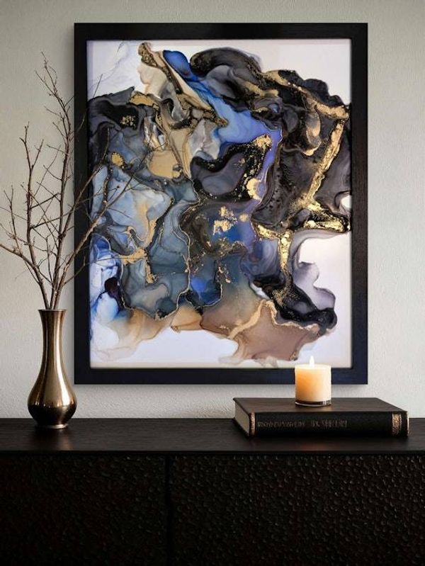 Alternate image for Signed Alcohol Ink Cosmic Drift Painting on Glass Original | Abstract Modern Ink Art | Wall Decor Brown Black Blue Gold Hanging 16 x 20