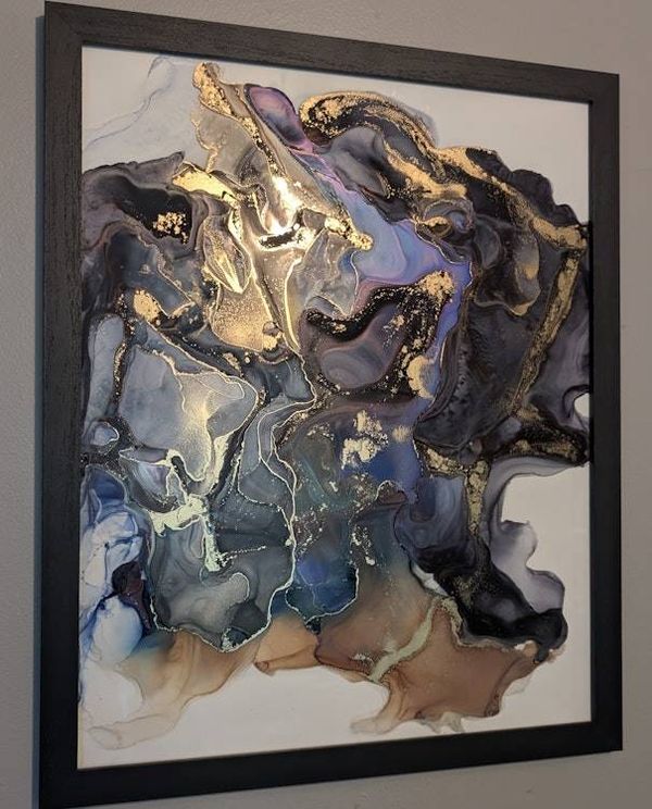 Alternate image for Signed Alcohol Ink Cosmic Drift Painting on Glass Original | Abstract Modern Ink Art | Wall Decor Brown Black Blue Gold Hanging 16 x 20