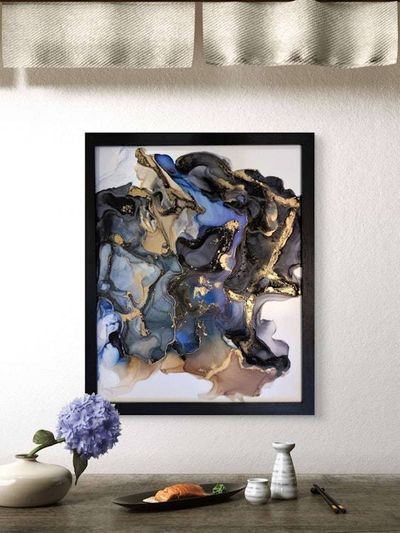 Alternate image for Signed Alcohol Ink Cosmic Drift Painting on Glass Original | Abstract Modern Ink Art | Wall Decor Brown Black Blue Gold Hanging 16 x 20