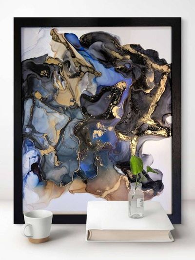 Alternate image for Signed Alcohol Ink Cosmic Drift Painting on Glass Original | Abstract Modern Ink Art | Wall Decor Brown Black Blue Gold Hanging 16 x 20