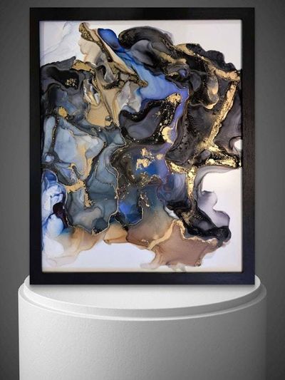 Alternate image for Signed Alcohol Ink Cosmic Drift Painting on Glass Original | Abstract Modern Ink Art | Wall Decor Brown Black Blue Gold Hanging 16 x 20