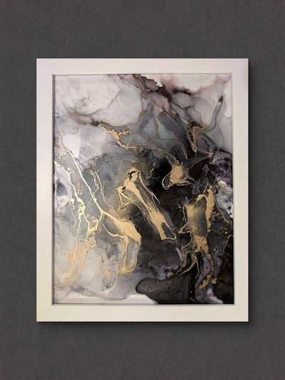 Alternate image for Noir Splendor | Signed Alcohol Ink Painting on Glass Original | Abstract Modern Luxury Ink Art | Wall Decor Black Gold Hanging 11 x 14