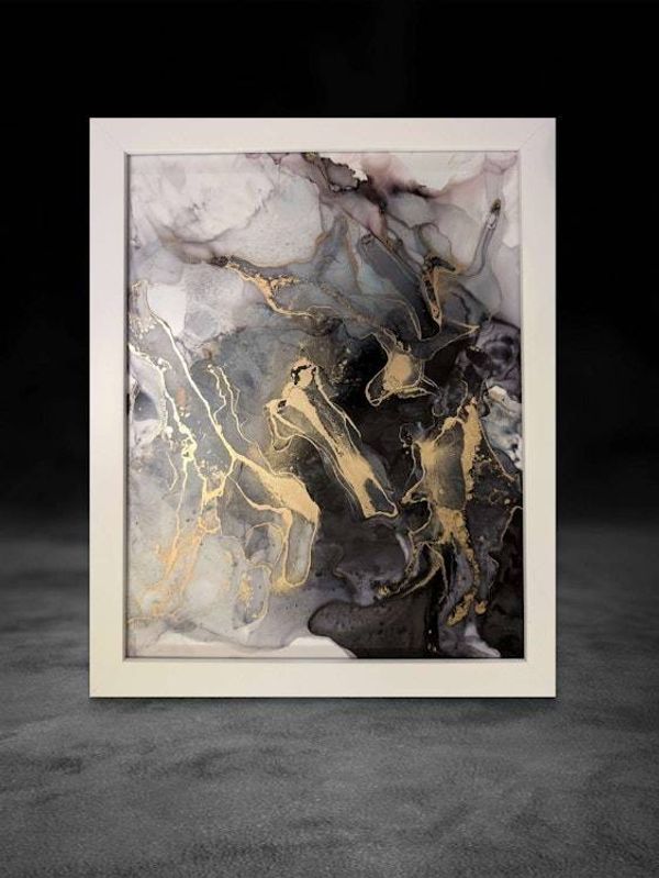 Alternate image for Noir Splendor | Signed Alcohol Ink Painting on Glass Original | Abstract Modern Luxury Ink Art | Wall Decor Black Gold Hanging 11 x 14