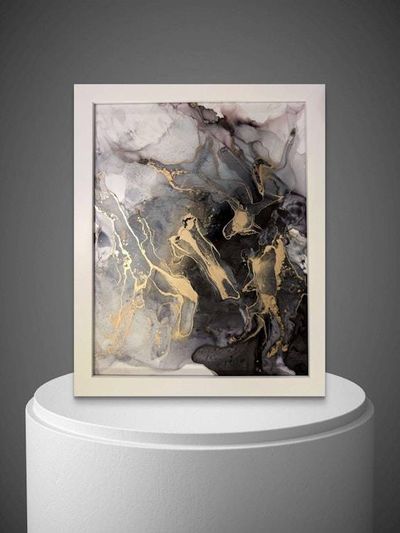 Alternate image for Noir Splendor | Signed Alcohol Ink Painting on Glass Original | Abstract Modern Luxury Ink Art | Wall Decor Black Gold Hanging 11 x 14