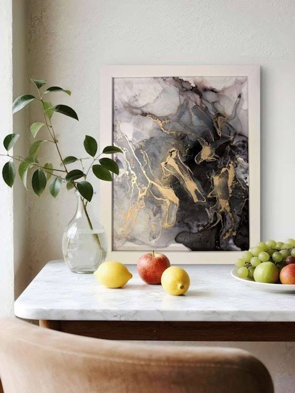 Alternate image for Noir Splendor | Signed Alcohol Ink Painting on Glass Original | Abstract Modern Luxury Ink Art | Wall Decor Black Gold Hanging 11 x 14