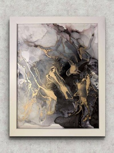 Alternate image for Noir Splendor | Signed Alcohol Ink Painting on Glass Original | Abstract Modern Luxury Ink Art | Wall Decor Black Gold Hanging 11 x 14