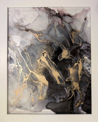 Alternate image for Noir Splendor | Signed Alcohol Ink Painting on Glass Original | Abstract Modern Luxury Ink Art | Wall Decor Black Gold Hanging 11 x 14