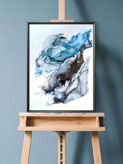Alternate image for Oceanic Reverie | Signed Alcohol Ink Painting on Glass Original | Abstract Modern Luxury Ink Art | Wall Decor Blue Black Hanging 18 x 24