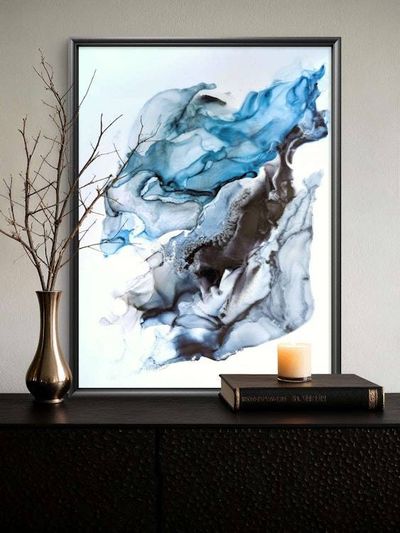 Alternate image for Oceanic Reverie | Signed Alcohol Ink Painting on Glass Original | Abstract Modern Luxury Ink Art | Wall Decor Blue Black Hanging 18 x 24