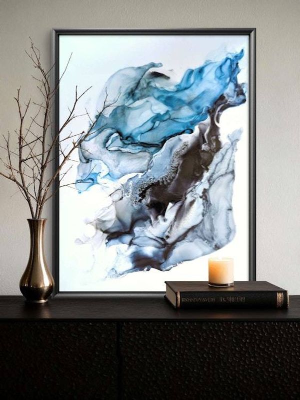 Alternate image for Oceanic Reverie | Signed Alcohol Ink Painting on Glass Original | Abstract Modern Luxury Ink Art | Wall Decor Blue Black Hanging 18 x 24