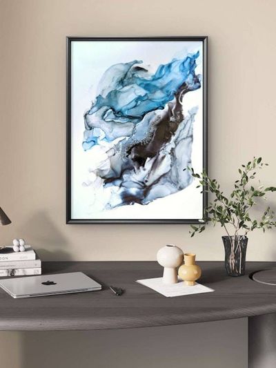 Alternate image for Oceanic Reverie | Signed Alcohol Ink Painting on Glass Original | Abstract Modern Luxury Ink Art | Wall Decor Blue Black Hanging 18 x 24