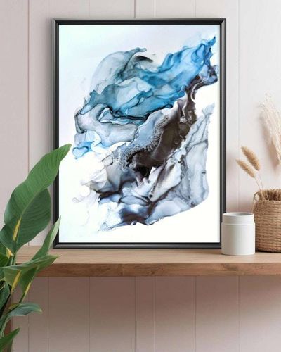 Alternate image for Oceanic Reverie | Signed Alcohol Ink Painting on Glass Original | Abstract Modern Luxury Ink Art | Wall Decor Blue Black Hanging 18 x 24