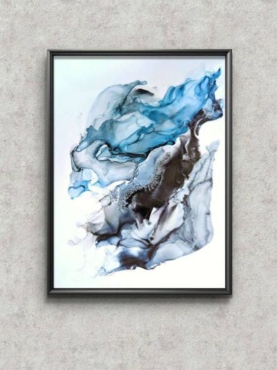 Alternate image for Oceanic Reverie | Signed Alcohol Ink Painting on Glass Original | Abstract Modern Luxury Ink Art | Wall Decor Blue Black Hanging 18 x 24