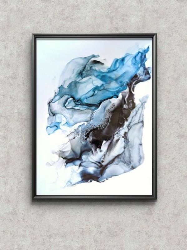 Alternate image for Oceanic Reverie | Signed Alcohol Ink Painting on Glass Original | Abstract Modern Luxury Ink Art | Wall Decor Blue Black Hanging 18 x 24