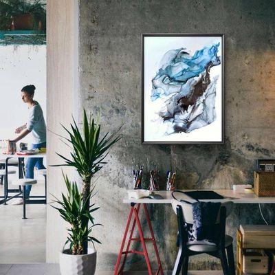 Alternate image for Oceanic Reverie | Signed Alcohol Ink Painting on Glass Original | Abstract Modern Luxury Ink Art | Wall Decor Blue Black Hanging 18 x 24