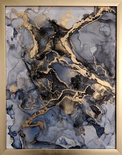 Alternate image for Midnight Marble | Signed Alcohol Ink Painting on Glass Original | Abstract Modern Ink Art | Wall Decor Navy Black Gold Hanging 11 x 14