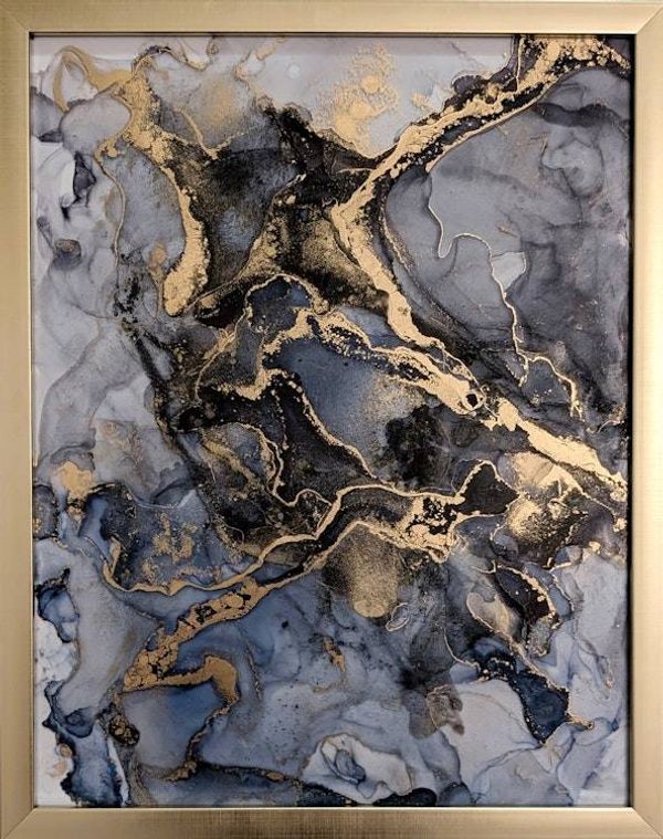 Alternate image for Midnight Marble | Signed Alcohol Ink Painting on Glass Original | Abstract Modern Ink Art | Wall Decor Navy Black Gold Hanging 11 x 14