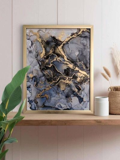 Alternate image for Midnight Marble | Signed Alcohol Ink Painting on Glass Original | Abstract Modern Ink Art | Wall Decor Navy Black Gold Hanging 11 x 14