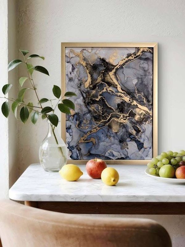 Alternate image for Midnight Marble | Signed Alcohol Ink Painting on Glass Original | Abstract Modern Ink Art | Wall Decor Navy Black Gold Hanging 11 x 14