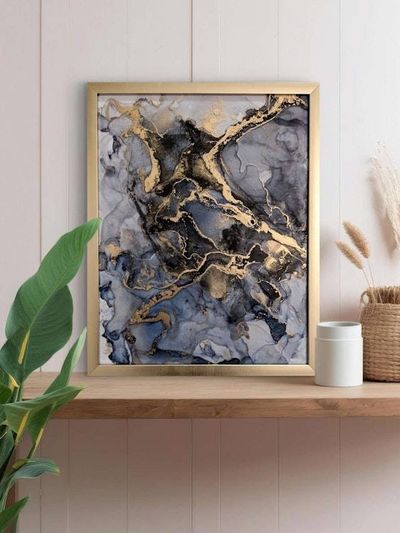 Alternate image for Midnight Marble | Signed Alcohol Ink Painting on Glass Original | Abstract Modern Ink Art | Wall Decor Navy Black Gold Hanging 11 x 14