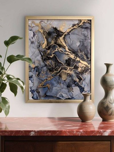 Alternate image for Midnight Marble | Signed Alcohol Ink Painting on Glass Original | Abstract Modern Ink Art | Wall Decor Navy Black Gold Hanging 11 x 14