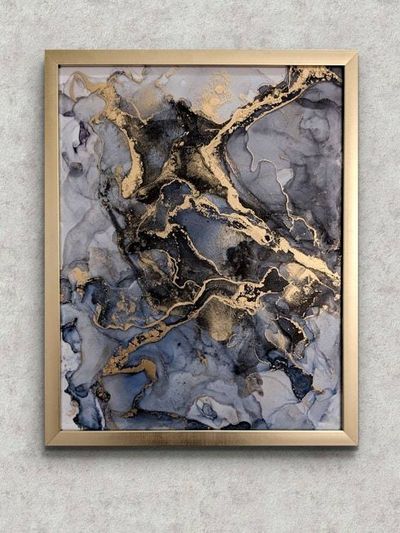 Alternate image for Midnight Marble | Signed Alcohol Ink Painting on Glass Original | Abstract Modern Ink Art | Wall Decor Navy Black Gold Hanging 11 x 14