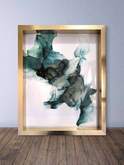 Alternate image for Emerald Flux | Signed Alcohol Ink Painting on Glass Original | Abstract Modern Luxury Ink Art | Wall Decor Green Gold Hanging 11 x 14
