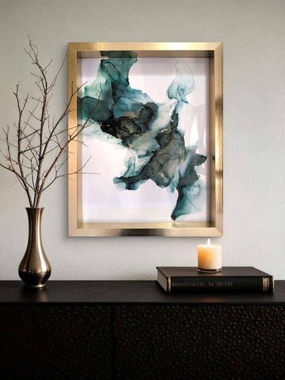Alternate image for Emerald Flux | Signed Alcohol Ink Painting on Glass Original | Abstract Modern Luxury Ink Art | Wall Decor Green Gold Hanging 11 x 14