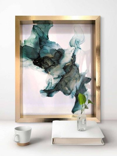 Alternate image for Emerald Flux | Signed Alcohol Ink Painting on Glass Original | Abstract Modern Luxury Ink Art | Wall Decor Green Gold Hanging 11 x 14