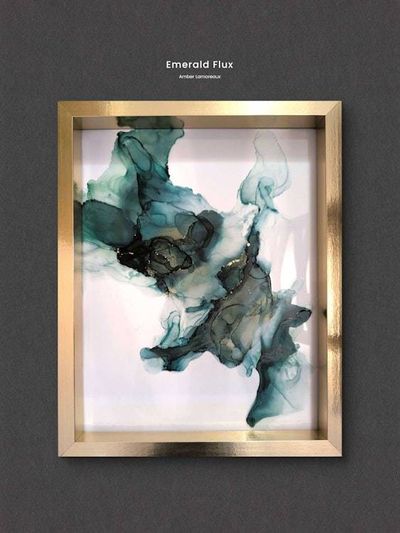 Alternate image for Emerald Flux | Signed Alcohol Ink Painting on Glass Original | Abstract Modern Luxury Ink Art | Wall Decor Green Gold Hanging 11 x 14