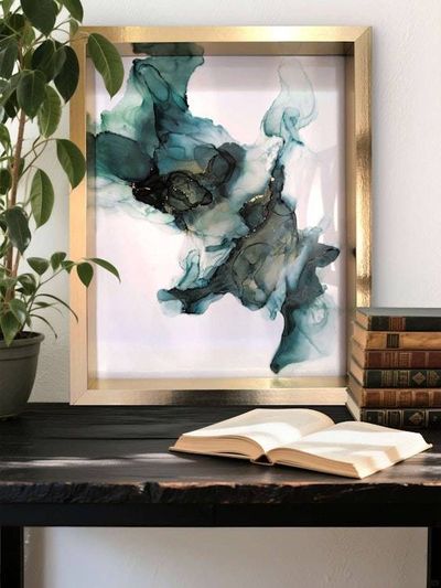 Alternate image for Emerald Flux | Signed Alcohol Ink Painting on Glass Original | Abstract Modern Luxury Ink Art | Wall Decor Green Gold Hanging 11 x 14