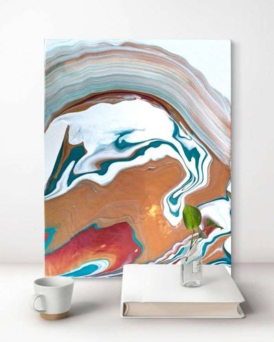 Alternate image for Copper Pools| Signed Original Abstract Painting | Modern Pour Art Minimalist Red Green Copper | Small Artwork 11 x 14