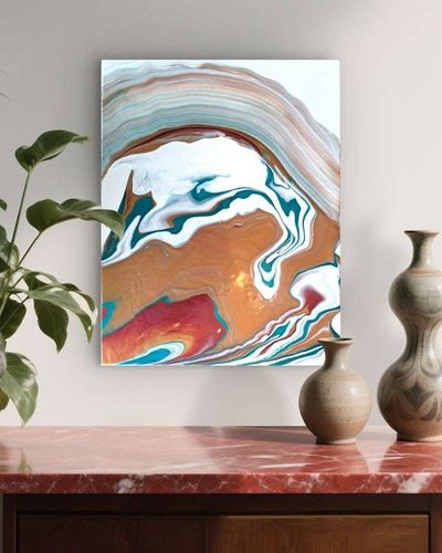 Alternate image for Copper Pools| Signed Original Abstract Painting | Modern Pour Art Minimalist Red Green Copper | Small Artwork 11 x 14