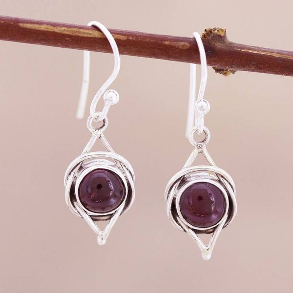 Alternate image for Natural Garnet Cabochon and Sterling Silver Earrings Intricate Twirl in Crimson