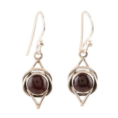 Alternate image for Natural Garnet Cabochon and Sterling Silver Earrings Intricate Twirl in Crimson
