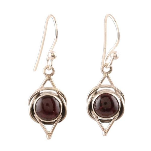 Alternate image for Natural Garnet Cabochon and Sterling Silver Earrings Intricate Twirl in Crimson