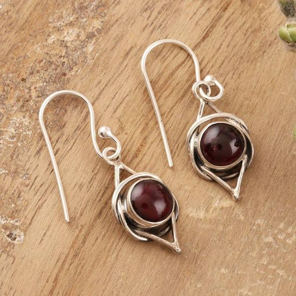 Alternate image for Natural Garnet Cabochon and Sterling Silver Earrings Intricate Twirl in Crimson