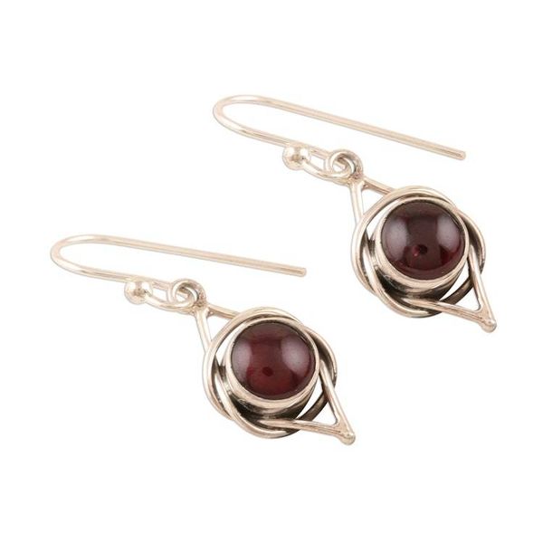 Alternate image for Natural Garnet Cabochon and Sterling Silver Earrings Intricate Twirl in Crimson