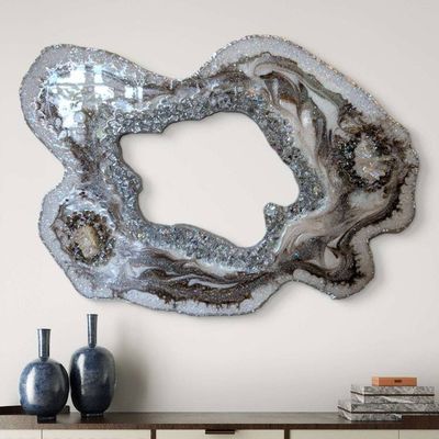 Primary image for Large Brown Marble Resin Geode Freeform Sculpture Painting | Aura Quartz Glitter Irregular Neutral White Agate Original Signed Art 30