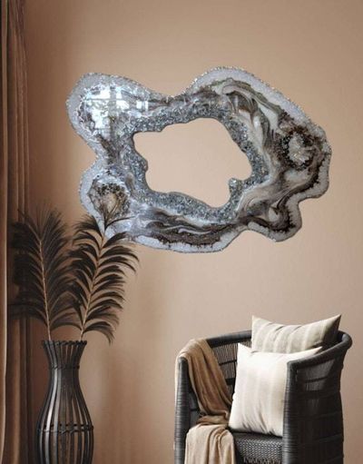 Alternate image for Large Brown Marble Resin Geode Freeform Sculpture Painting | Aura Quartz Glitter Irregular Neutral White Agate Original Signed Art 30