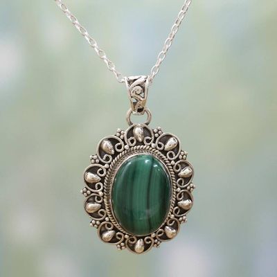 Alternate image for Malachite and Sterling Silver Pendant Necklace from India Sophisticated in Green